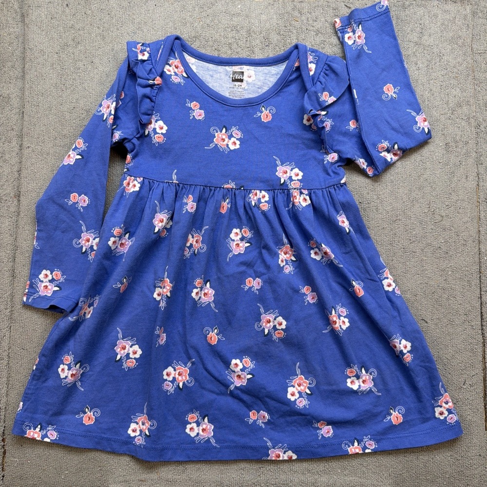Tea Collection Play Dress Blue Floral Long Sleeve Knee Length 18-24 Months